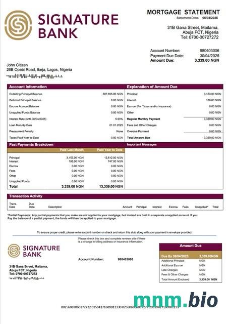 Nigeria Signature Bank wyciąg z kredytu hipotecznego szablon Word i PDF